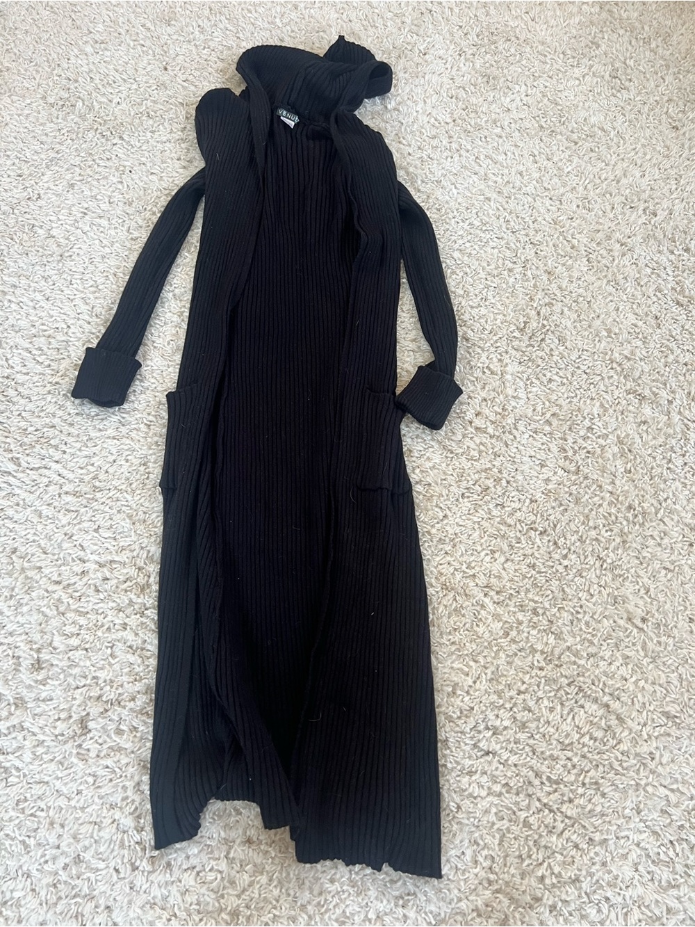 VENUS Black Long Ribbed Hooded Cardigan Sweater